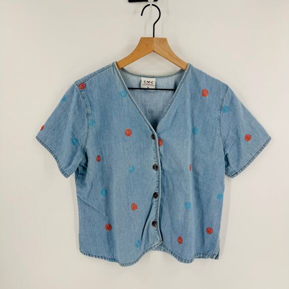 Vintage 90s CMC Embroidered Denim Chambray Button Down Short Sleeve Shirt Size M - Picture 1 of 6